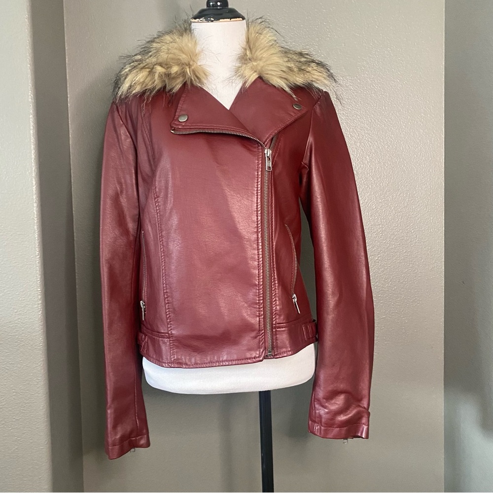 NWOT Forever 21 Maroon Red Faux Leather Motto Jacket